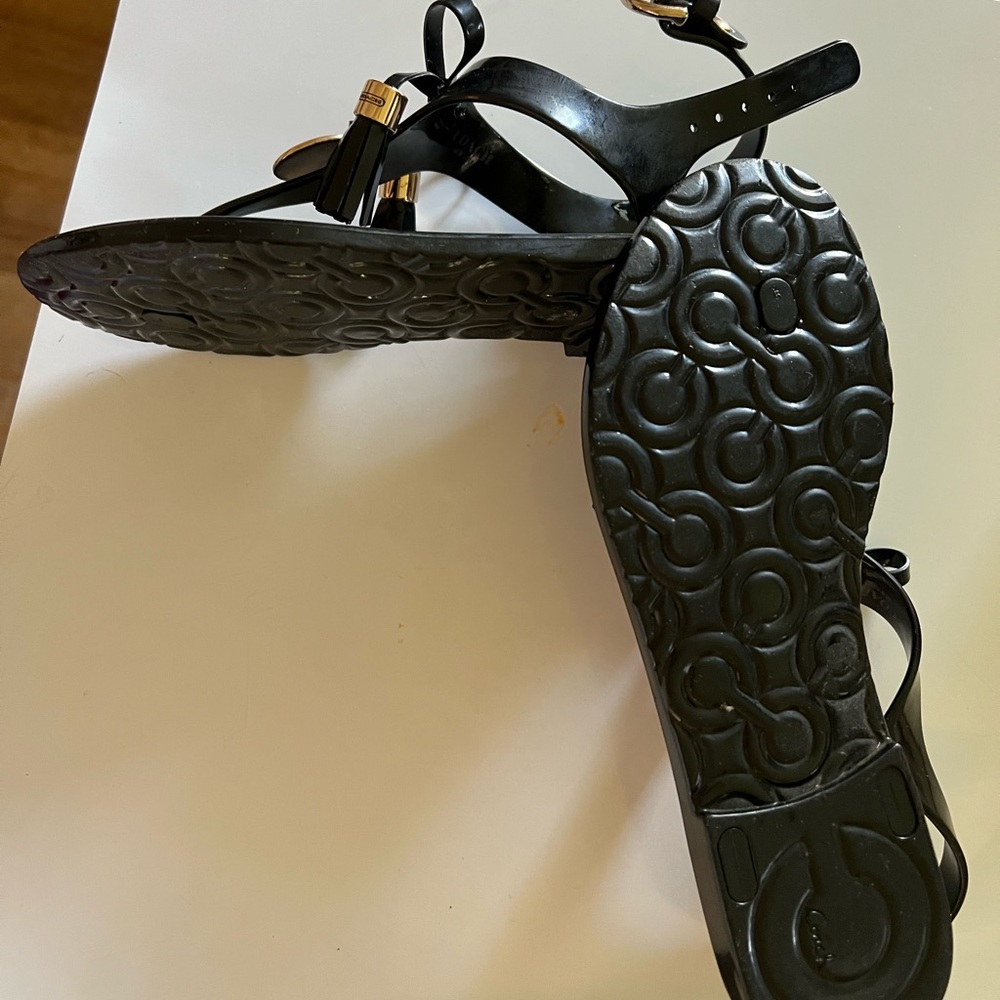 Coach Sandals Black Jellies With Gold Logo Charm Size… Gem